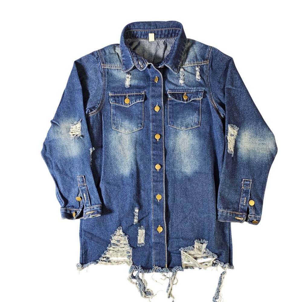 Women's Sz L Distressed Denim Shirt Jacket Ripped Frayed Hem Medium Wash Blue